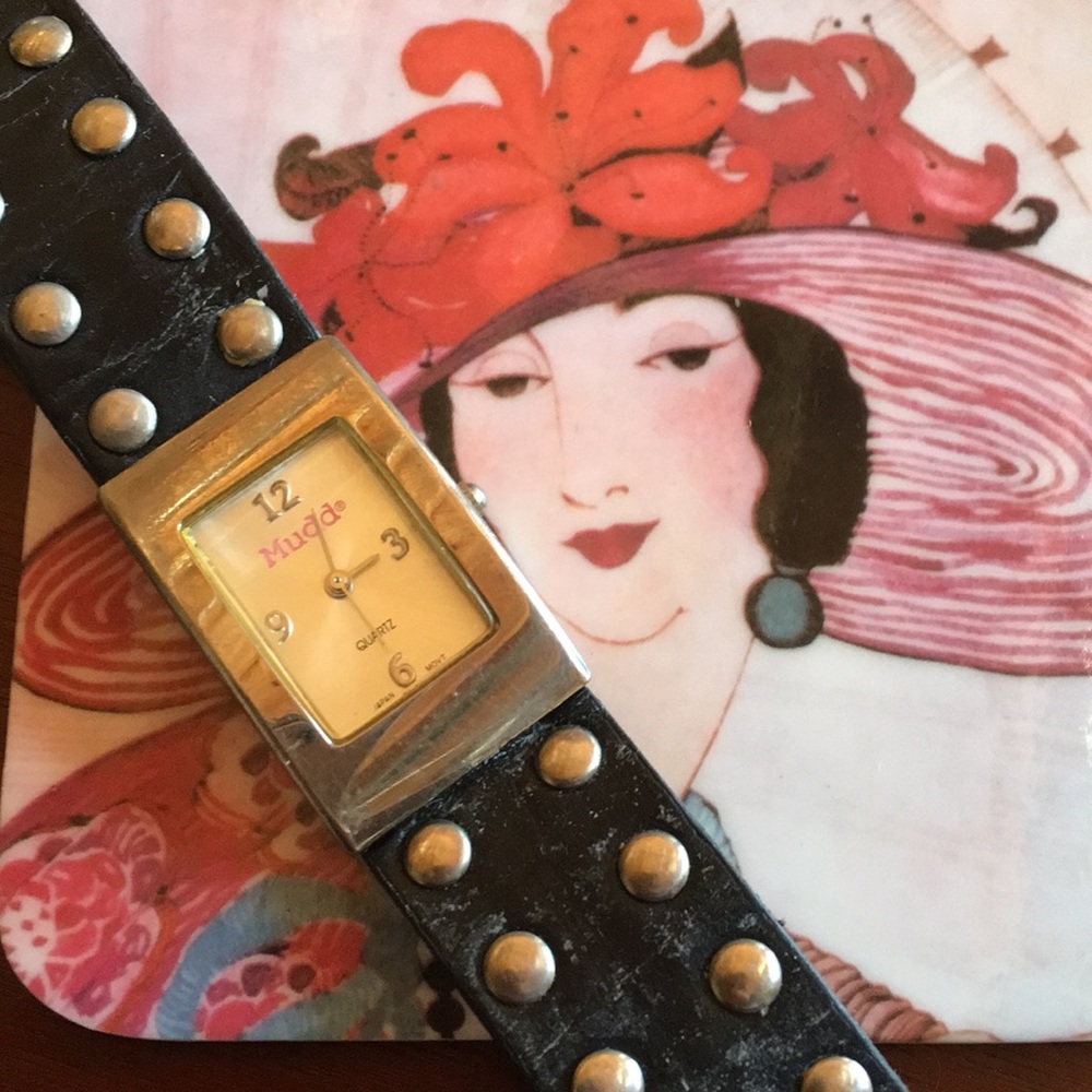 90s Black Leather Studded Mudd Watch